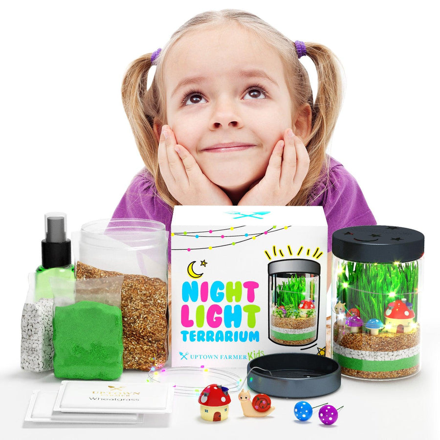 Terrarium Kit for Kids with LED Night Light,USA Seeds & Soil + Figurines
