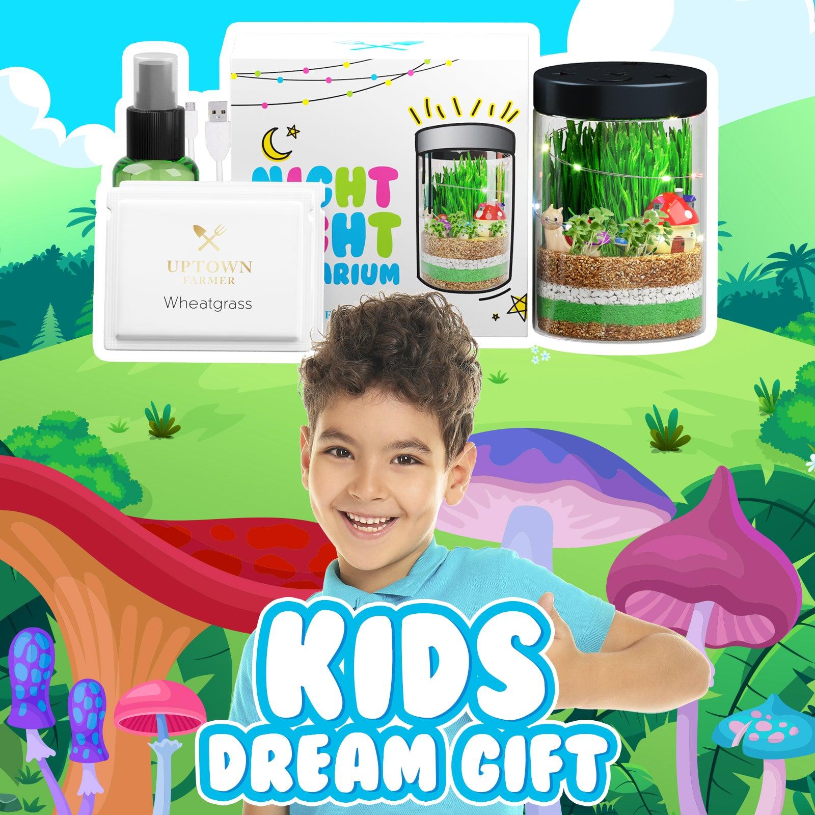 Terrarium Kit for Kids with LED Night Light,USA Seeds & Soil + Figurines