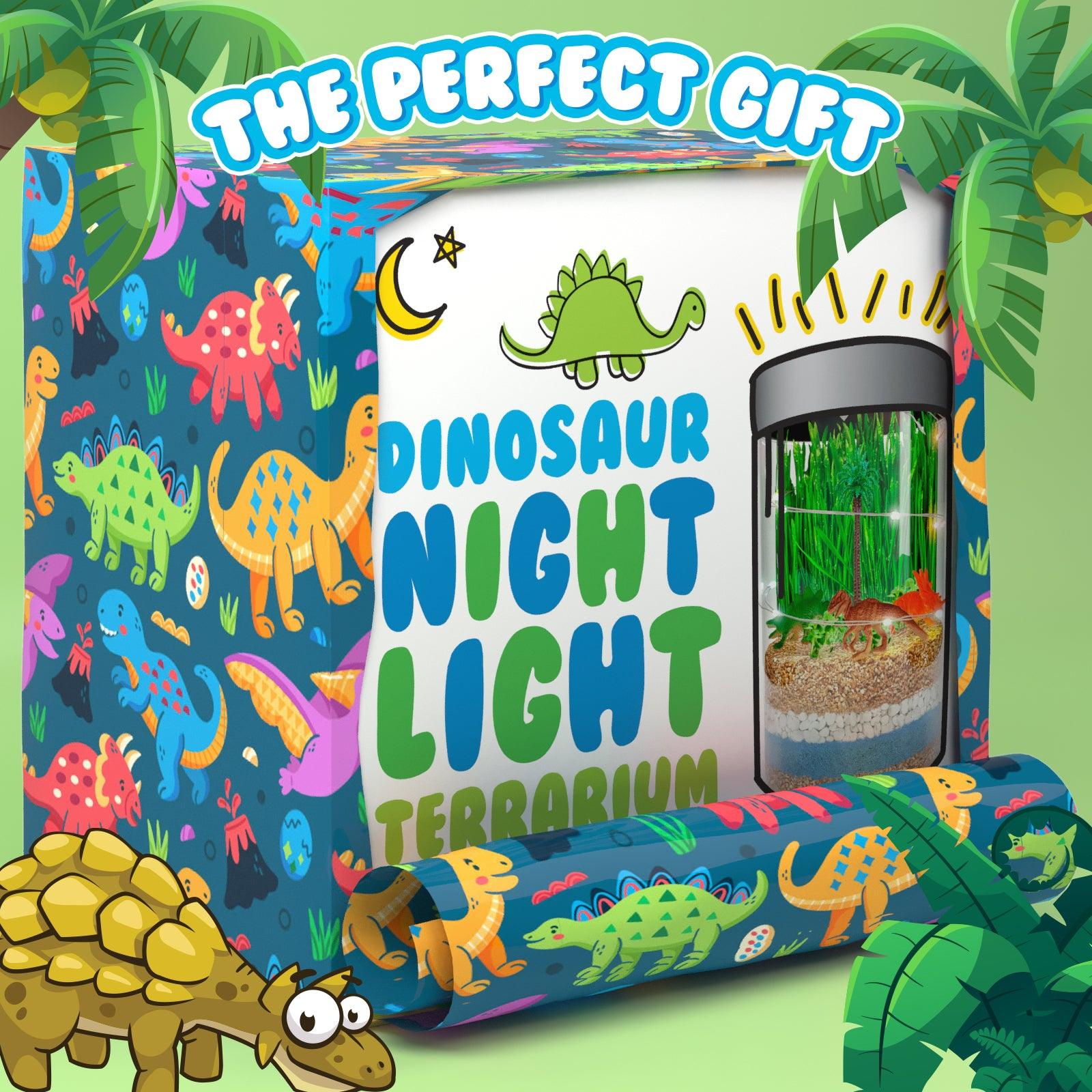 Dinosaur Night Light Terrarium Kit with USA Seeds Soil Figurines, LED Night Light