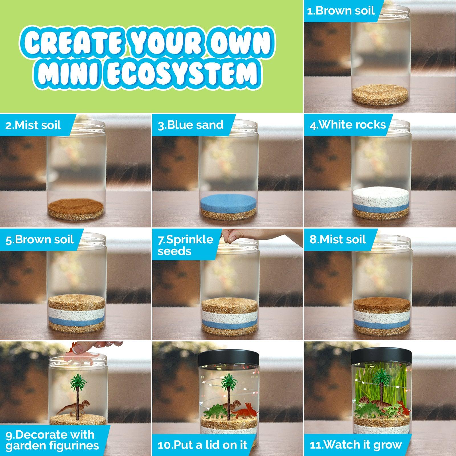 Dinosaur Night Light Terrarium Kit with USA Seeds Soil Figurines, LED Night Light