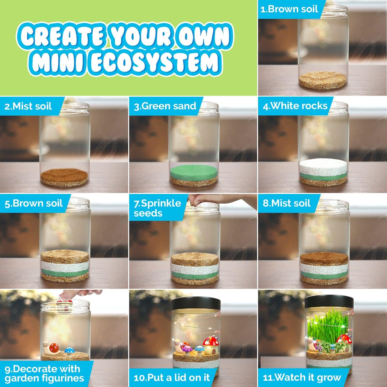 Terrarium Kit for Kids with LED Night Light,USA Seeds & Soil + Figurines