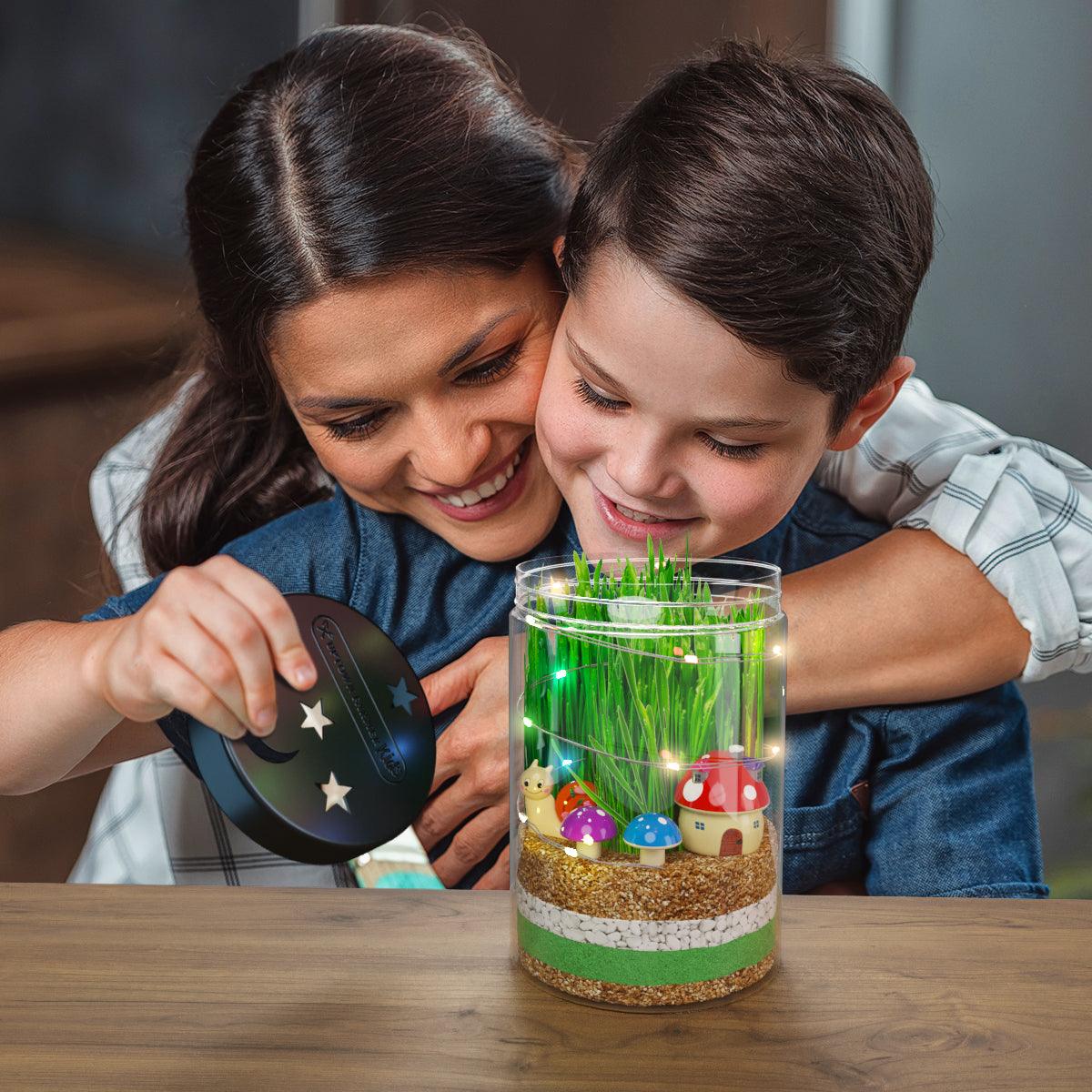 Terrarium Kit for Kids with LED Night Light,USA Seeds & Soil + Figurines
