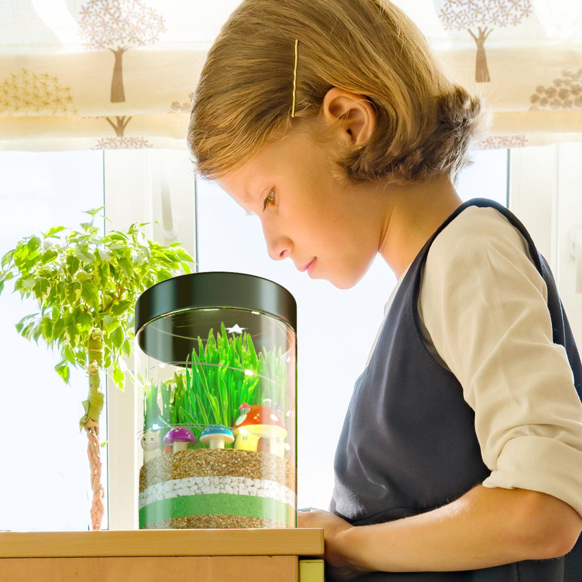 Terrarium Kit for Kids with LED Night Light,USA Seeds & Soil + Figurines