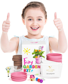 Pink Pot Fairy Garden Kit with Fairies, Pots, Soil, USA Seeds